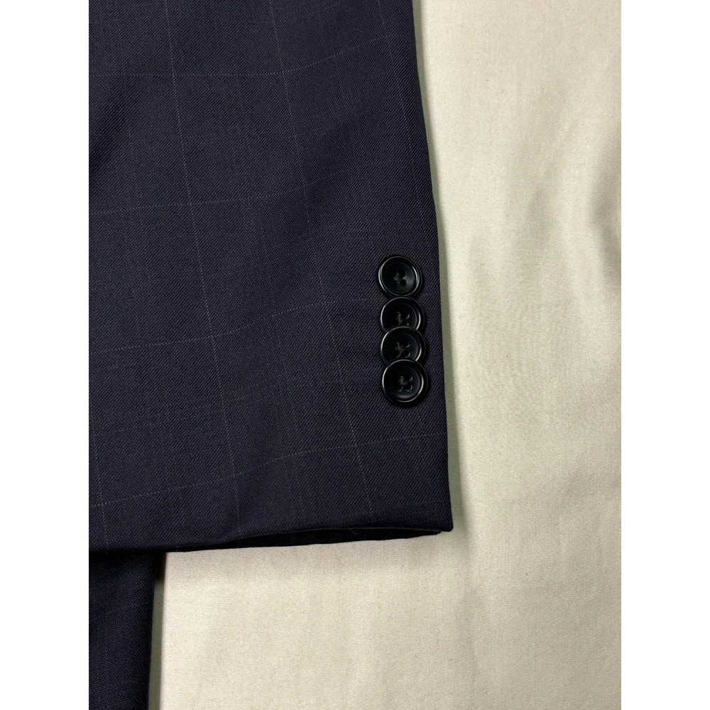 Gianni Manzoni Navy Windowpane Suit Reda Super 110s Wool Italy Mens 46L W38 L29